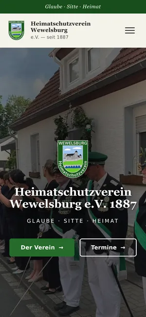 Nachher am Handy: Startseite mit Menü-Knopf und den Wegen „Der Verein“ und „Termine“